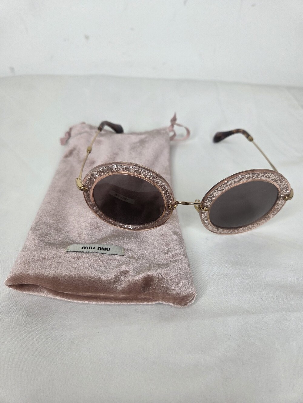 Miu Miu Round Pink Glitter Crystal-Trim Sunglasses - Picture 2 of 13